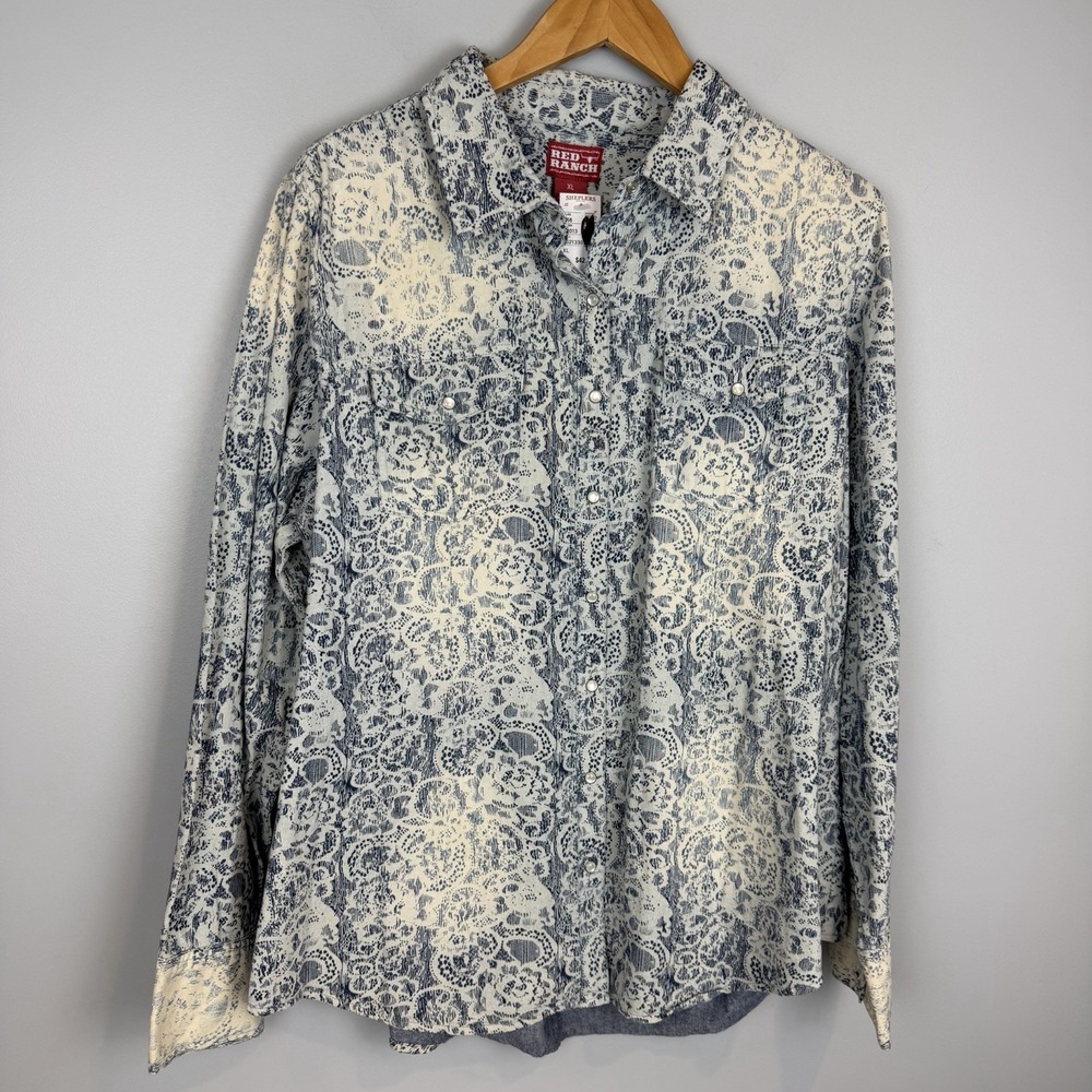 Red Ranch Womens Pearl Snap Shirt Size XL Blue Long Sleeve Lace Print NWT